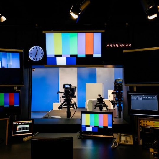 An array of tv and video equipment in a university studio for students to learn with.